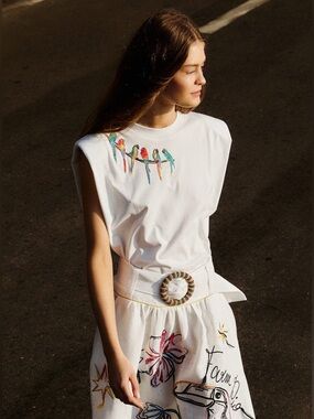 Farm Rio Off-White Birds On Branch Embroidered T-Shirt
